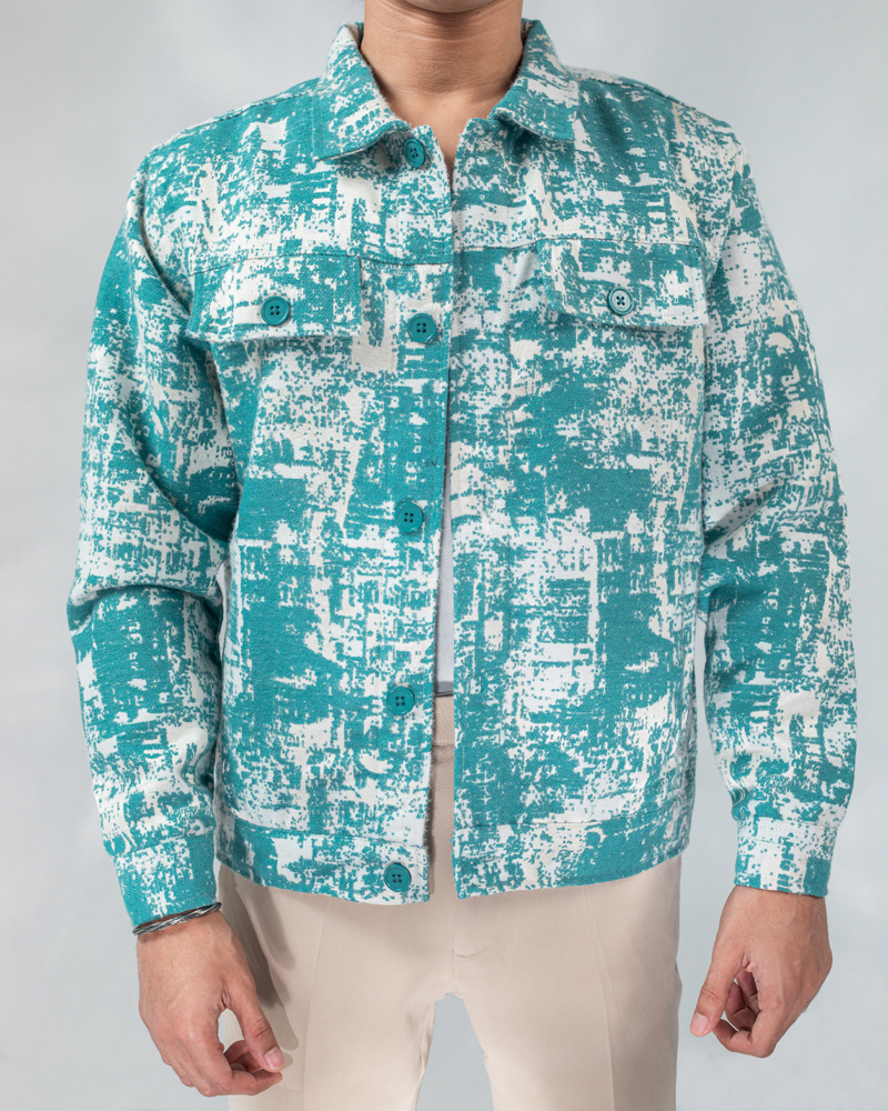 Abstract Patterned Textured Jacket in White & Cyan - Image 5