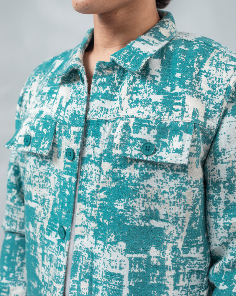 Abstract Patterned Textured Jacket in White & Cyan - Image 7