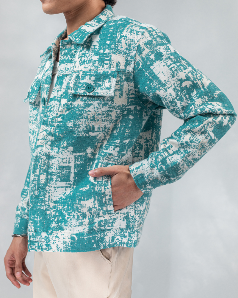 Abstract Patterned Textured Jacket in White & Cyan - Image 6