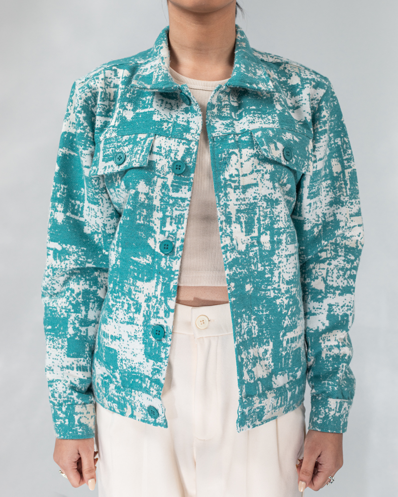 Abstract Patterned Textured Jacket in White & Cyan - Image 11