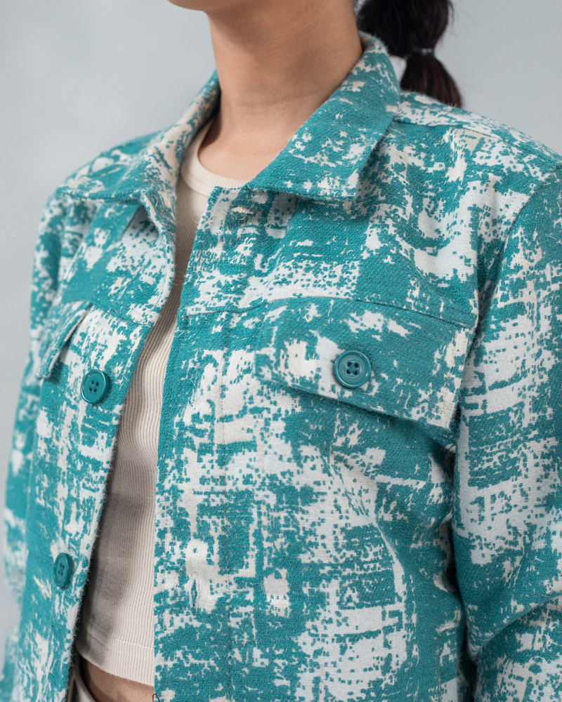 Abstract Patterned Textured Jacket in White & Cyan - Image 13