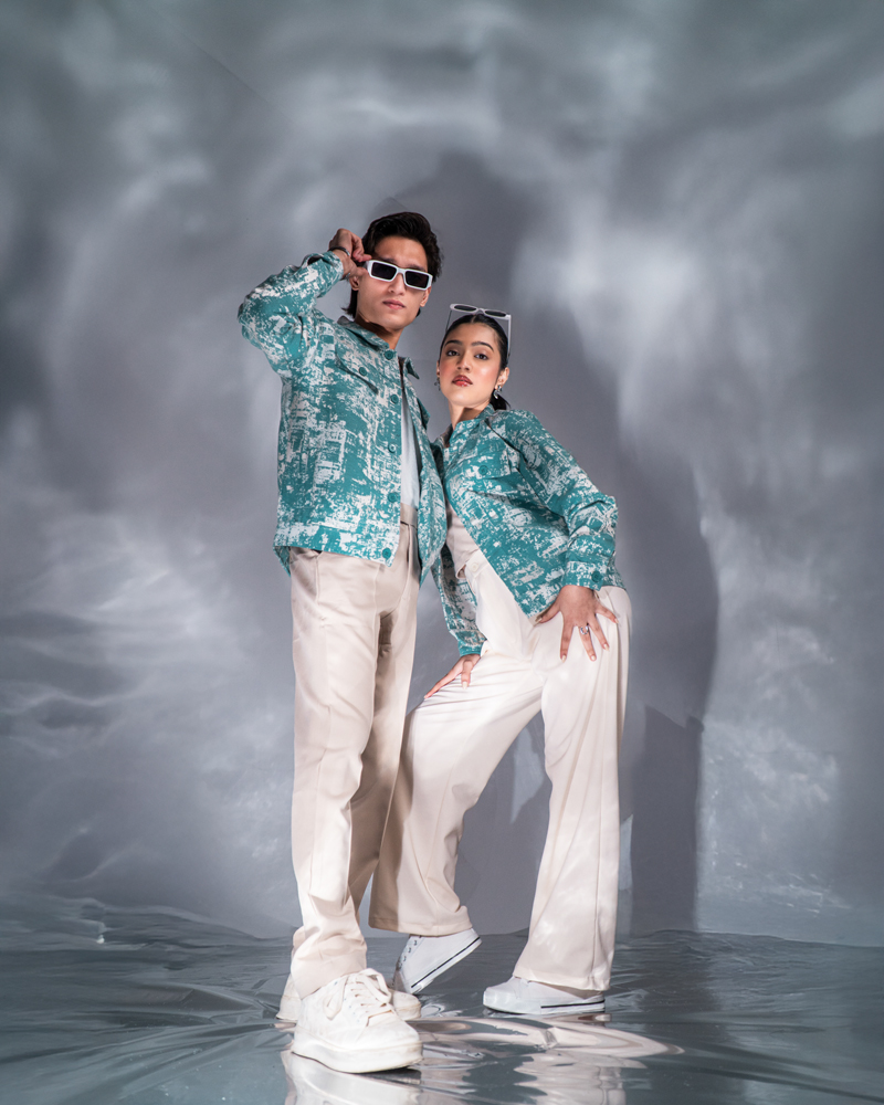 Abstract Patterned Textured Jacket in White & Cyan - Image 2
