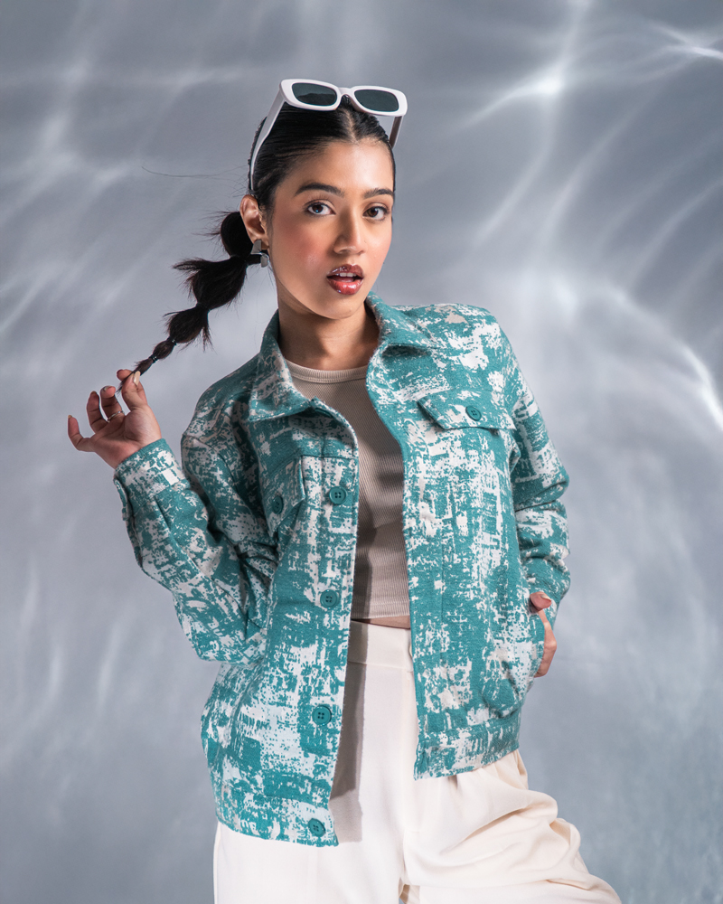 Abstract Patterned Textured Jacket in White & Cyan - Image 9