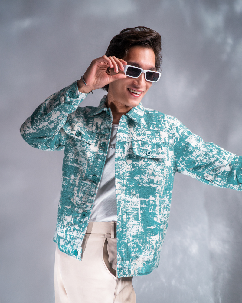 Abstract Patterned Textured Jacket in White & Cyan - Image 4