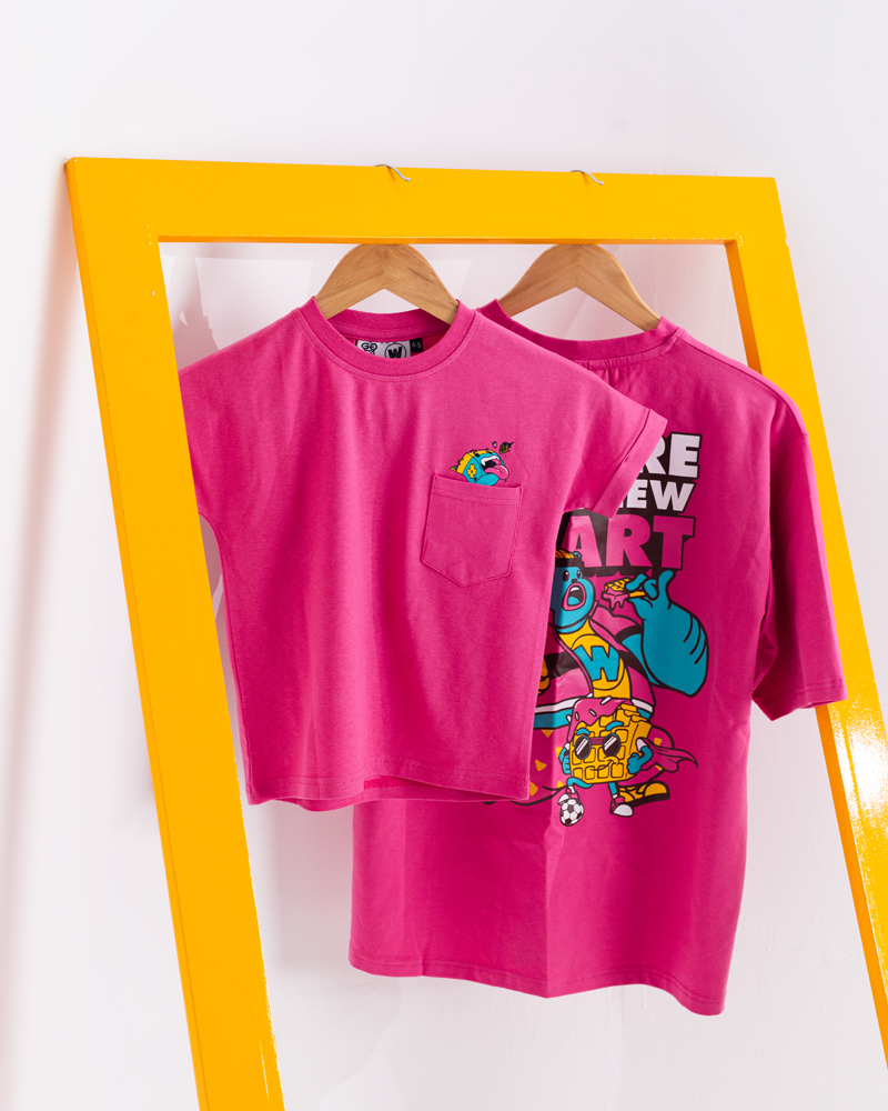 Waffle Up Large Character Printed Unisex Oversized Drop Shoulder Graphic Tees in Pink | Waffle Up X Gorur Ghash - Image 2