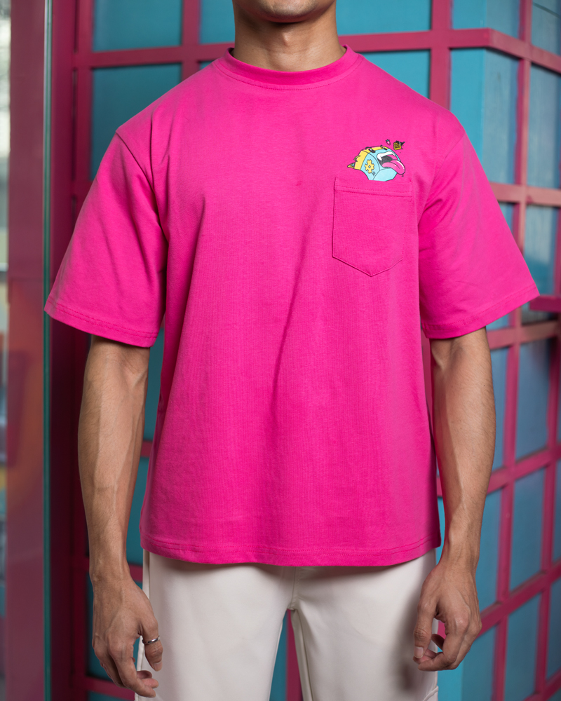 Waffle Up Large Character Printed Unisex Oversized Drop Shoulder Graphic Tees in Pink | Waffle Up X Gorur Ghash - Image 3