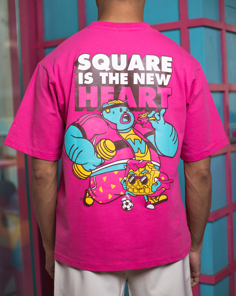 Waffle Up Large Character Printed Unisex Oversized Drop Shoulder Graphic Tees in Pink | Waffle Up X Gorur Ghash - Image 5