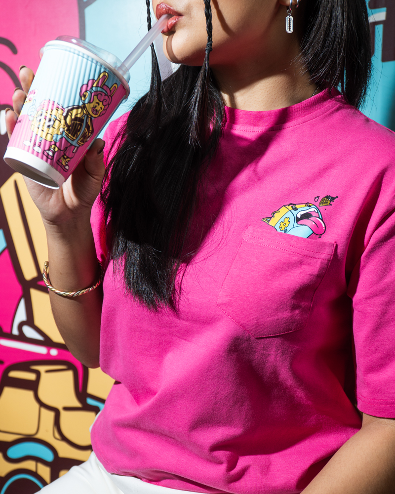Waffle Up Large Character Printed Unisex Oversized Drop Shoulder Graphic Tees in Pink | Waffle Up X Gorur Ghash - Image 14