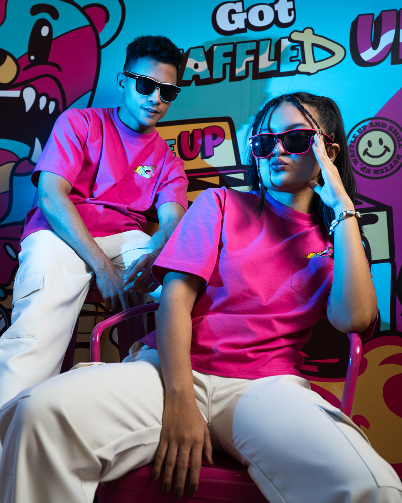 Waffle Up Large Character Printed Unisex Oversized Drop Shoulder Graphic Tees in Pink | Waffle Up X Gorur Ghash - Image 16