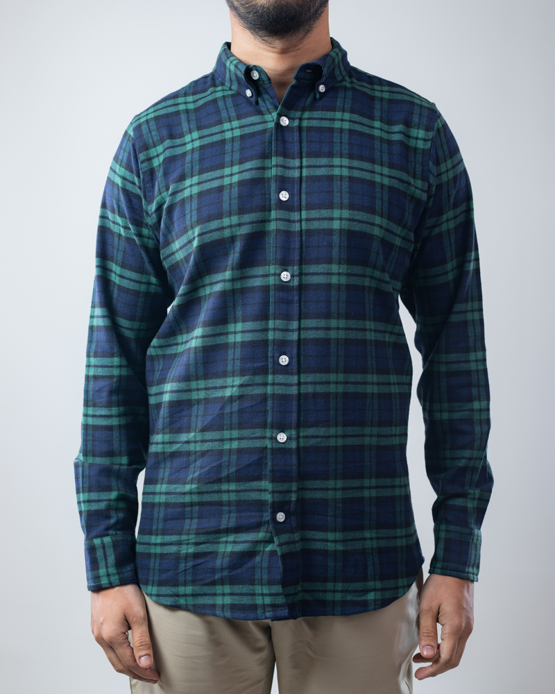 Long Sleeve Flannel Shirt in Navy Blue & Green - Image 3