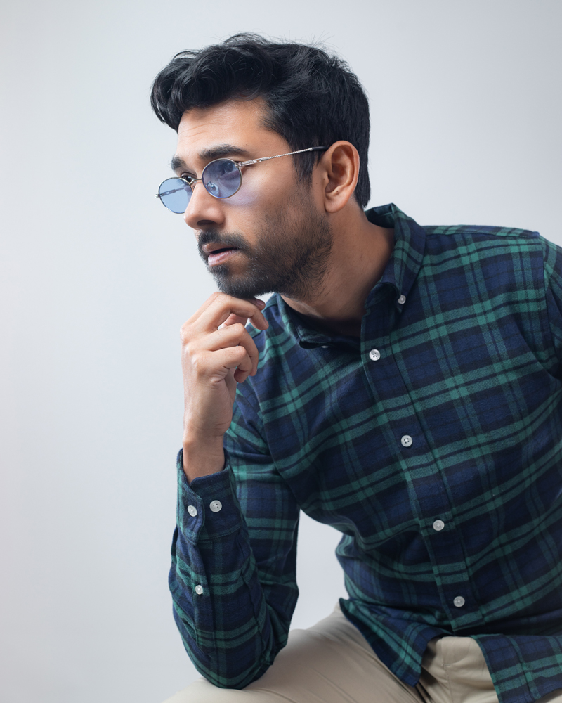 Long Sleeve Flannel Shirt in Navy Blue & Green - Image 5