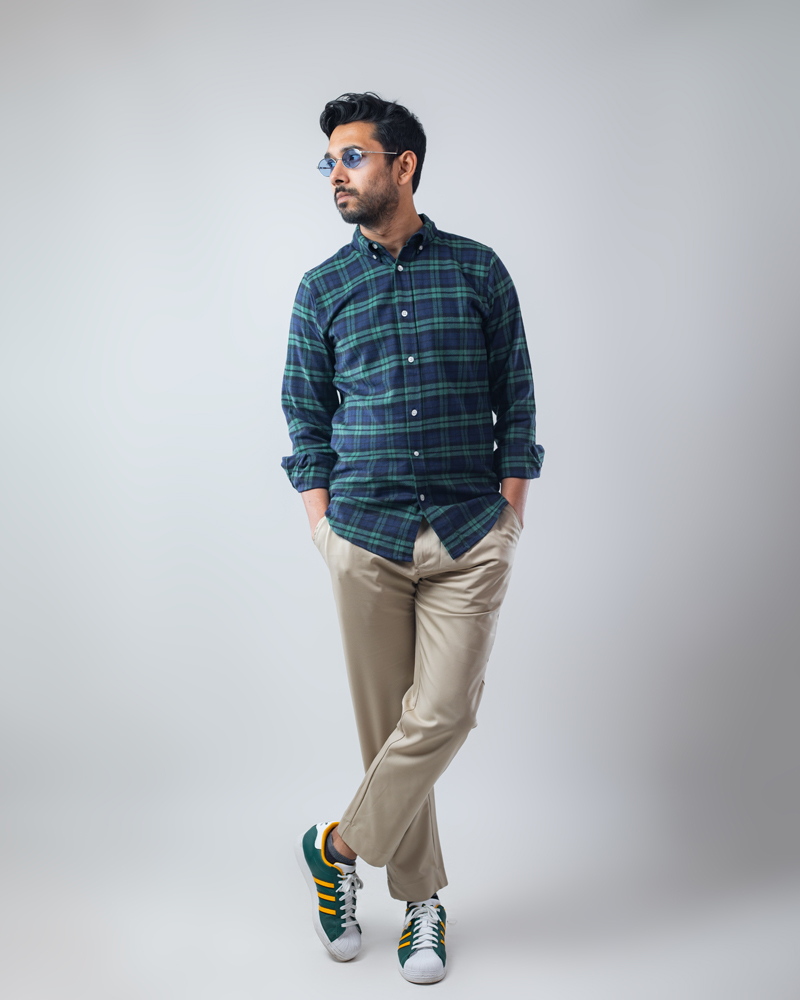 Long Sleeve Flannel Shirt in Navy Blue & Green - Image 2