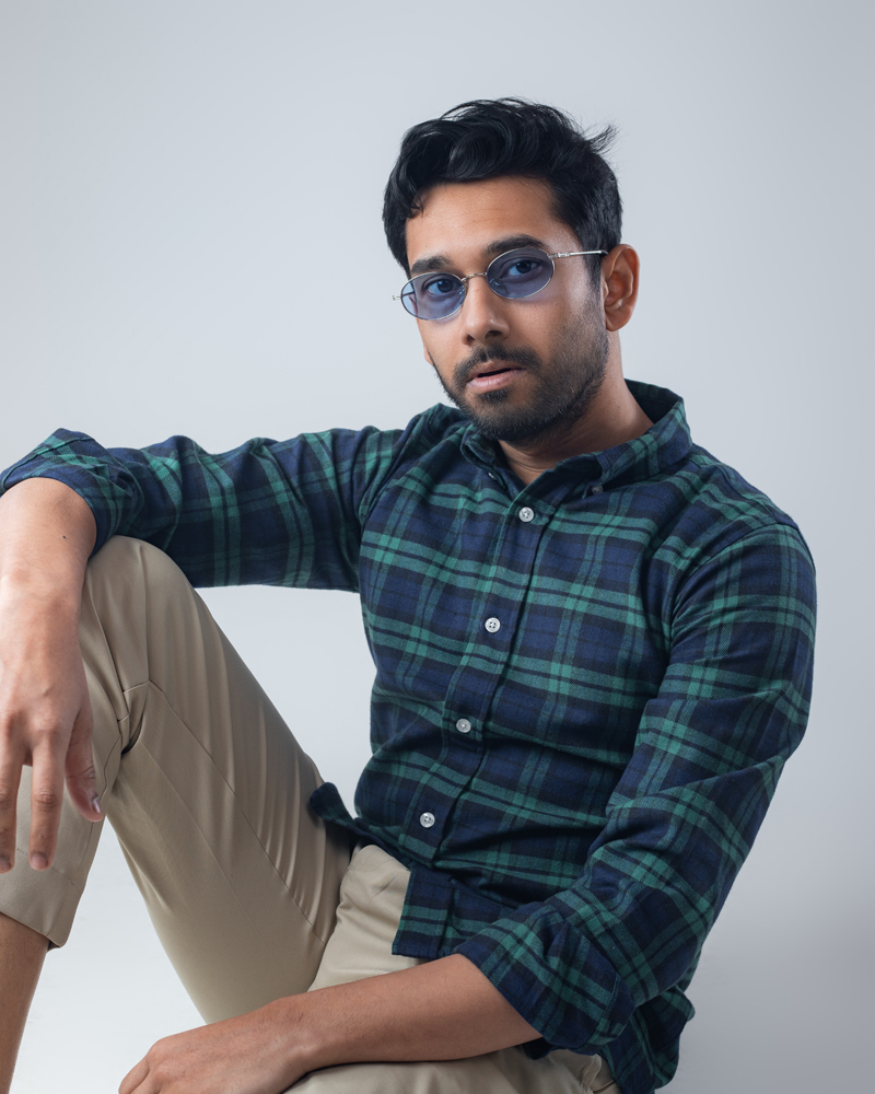 Long Sleeve Flannel Shirt in Navy Blue & Green
