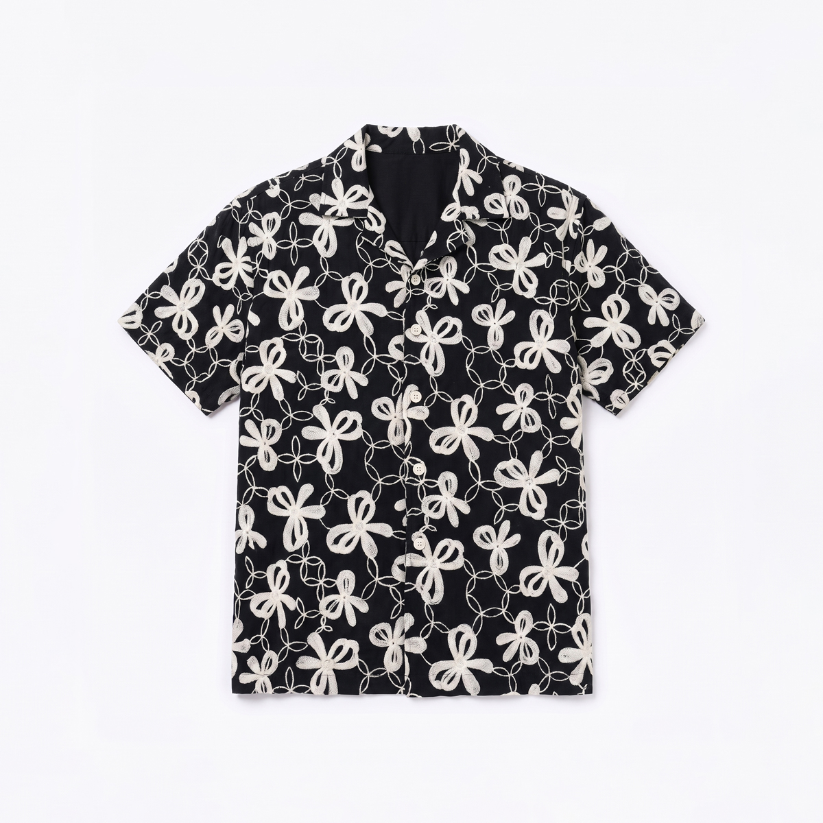 Oversized Drop Shoulder Embroidered Cuban Shirt in Black