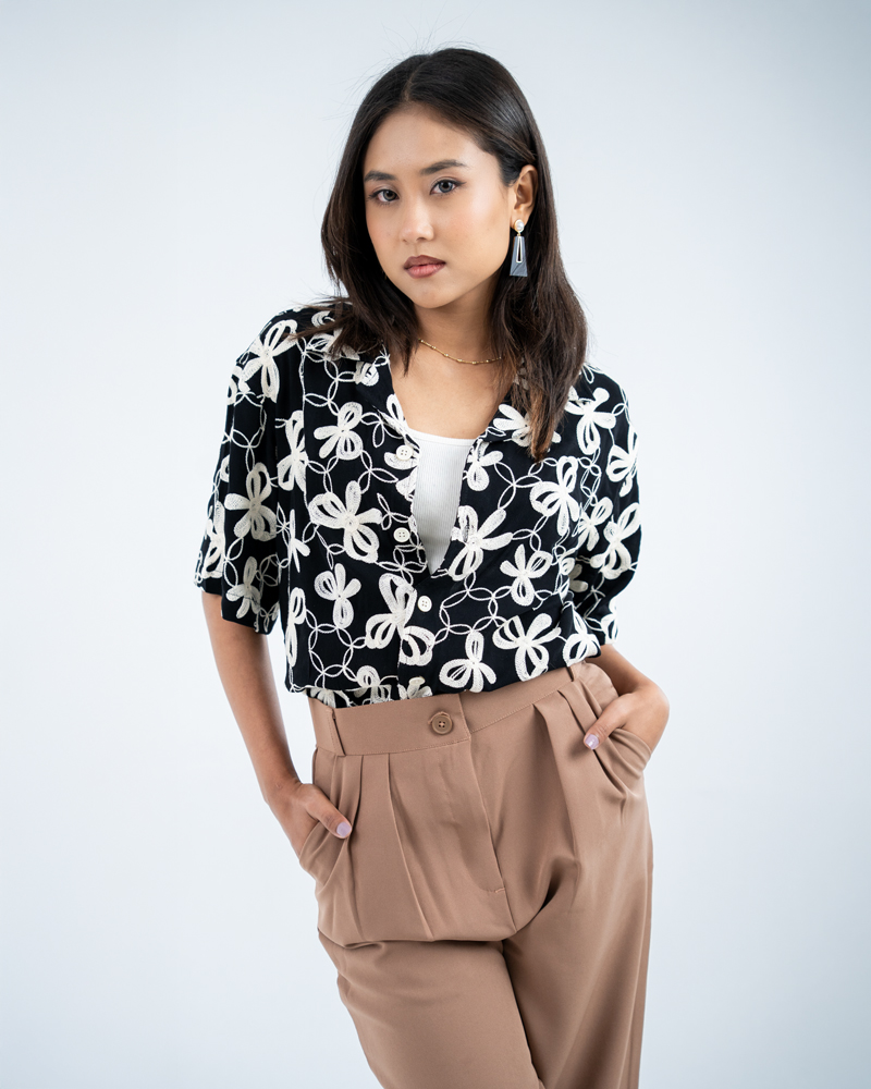 Oversized Drop Shoulder Embroidered Cuban Shirt in Black - Image 8
