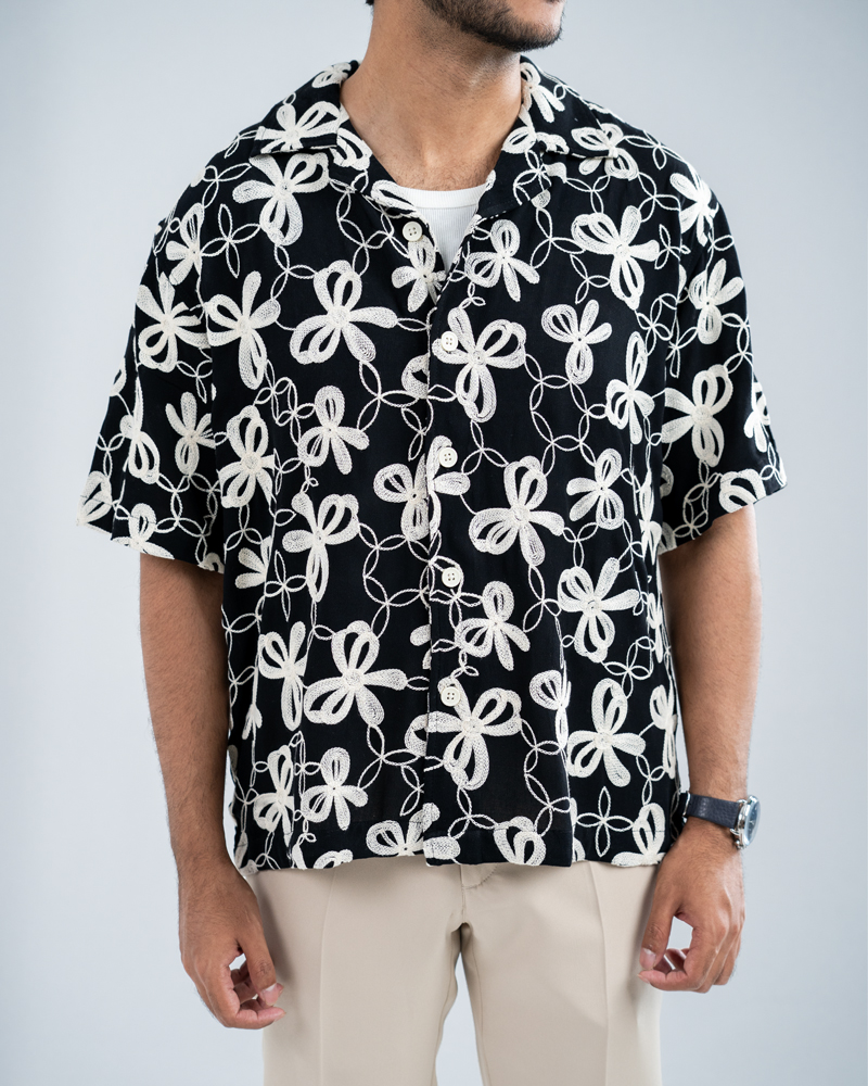 Oversized Drop Shoulder Embroidered Cuban Shirt in Black - Image 4