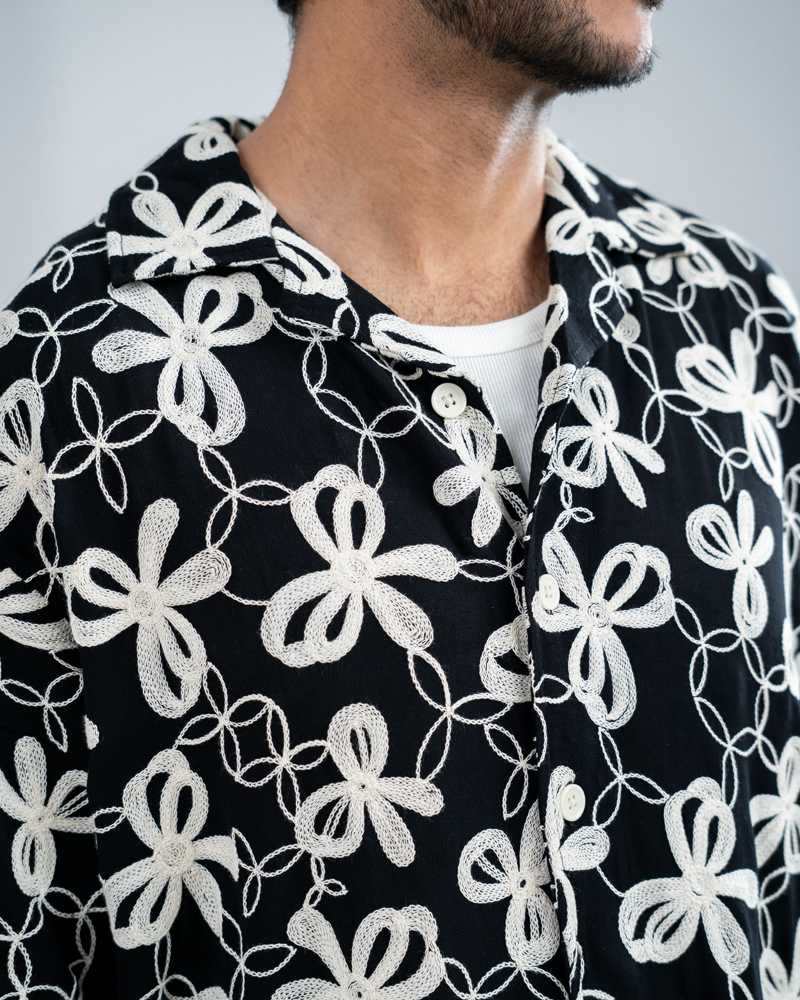 Oversized Drop Shoulder Embroidered Cuban Shirt in Black - Image 5