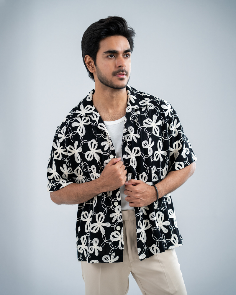 Oversized Drop Shoulder Embroidered Cuban Shirt in Black - Image 3