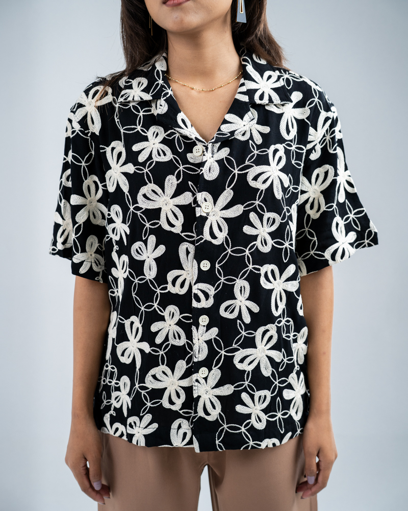 Oversized Drop Shoulder Embroidered Cuban Shirt in Black - Image 9