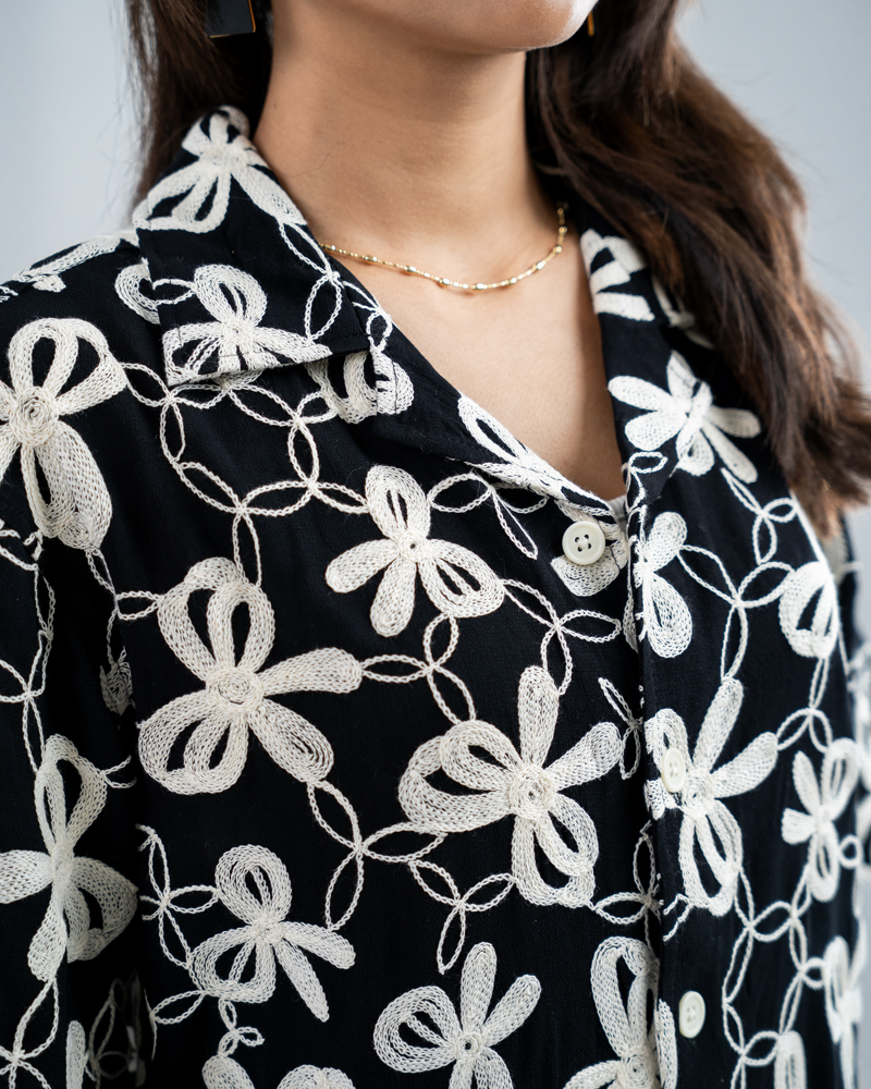 Oversized Drop Shoulder Embroidered Cuban Shirt in Black - Image 10