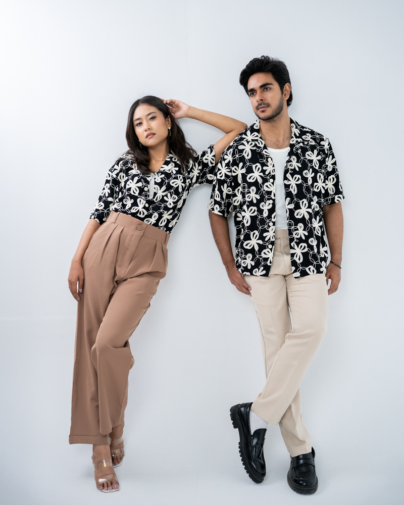 Oversized Drop Shoulder Embroidered Cuban Shirt in Black - Image 2