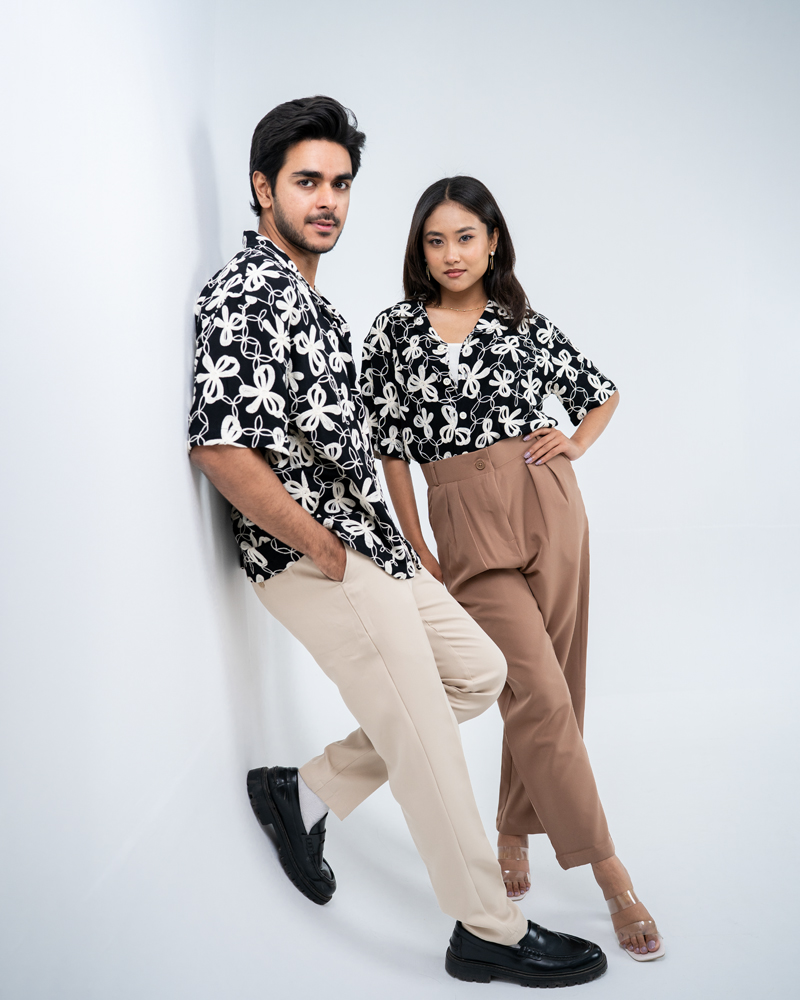 Oversized Drop Shoulder Embroidered Cuban Shirt in Black - Image 7