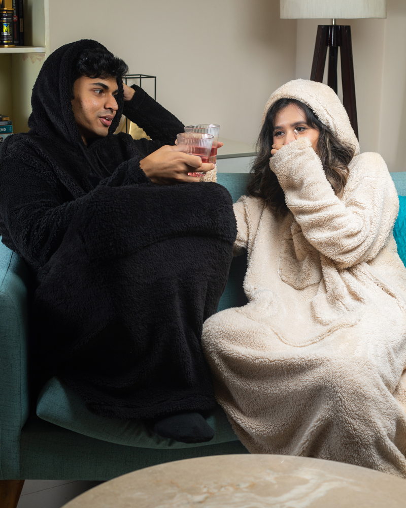 Unisex Black Oversized Sherpa Hoodie Blanket