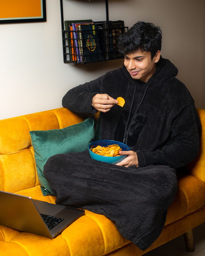 Unisex Black Oversized Sherpa Hoodie Blanket - Image 2
