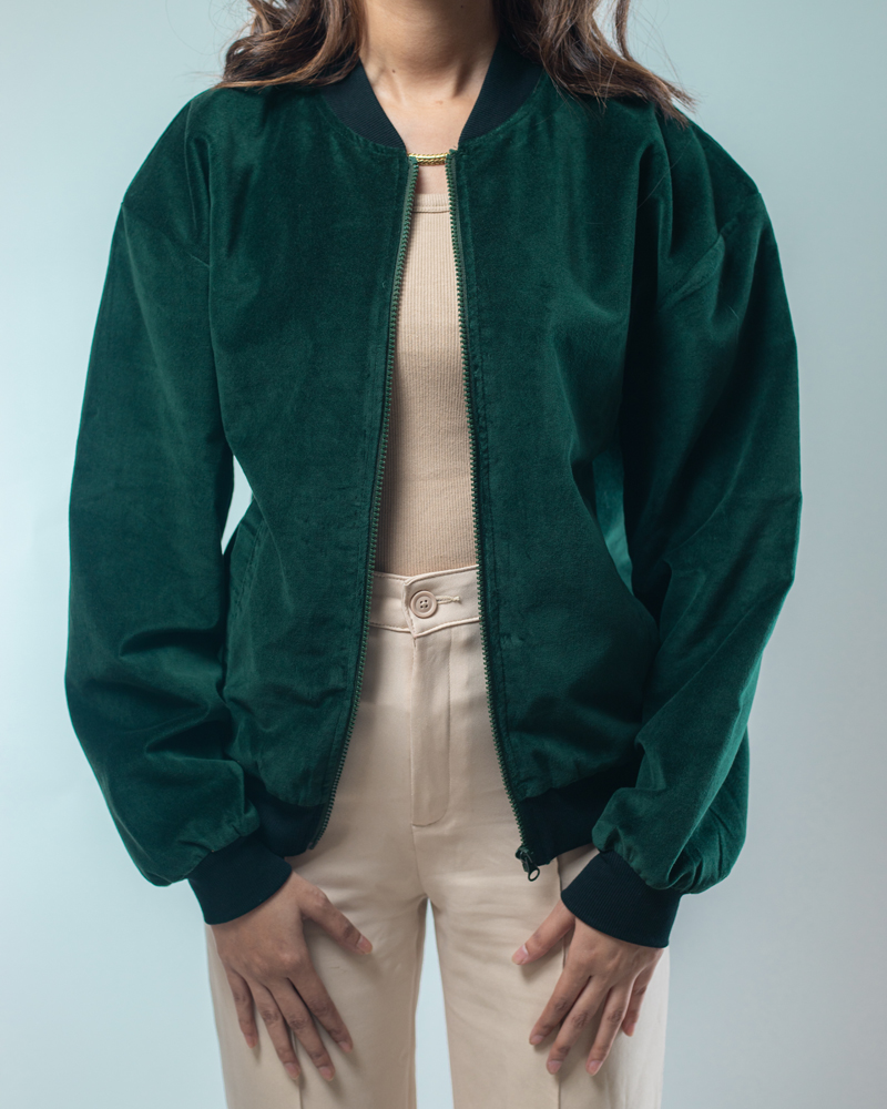 Velvet Bomber Jacket in Bottle Green - Image 10