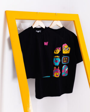 Waffle Characters Printed Kids' Oversized Drop Shoulder Graphic Tees in Black | Waffle Up X Gorur Ghash