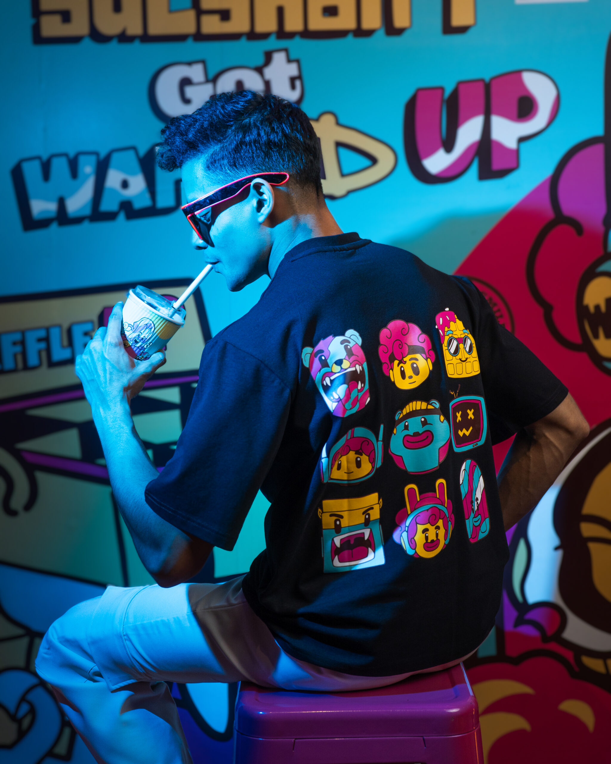 Waffle Characters Printed Unisex Oversized Drop Shoulder Graphic Tees in Black | Waffle Up X Gorur Ghash - Image 11