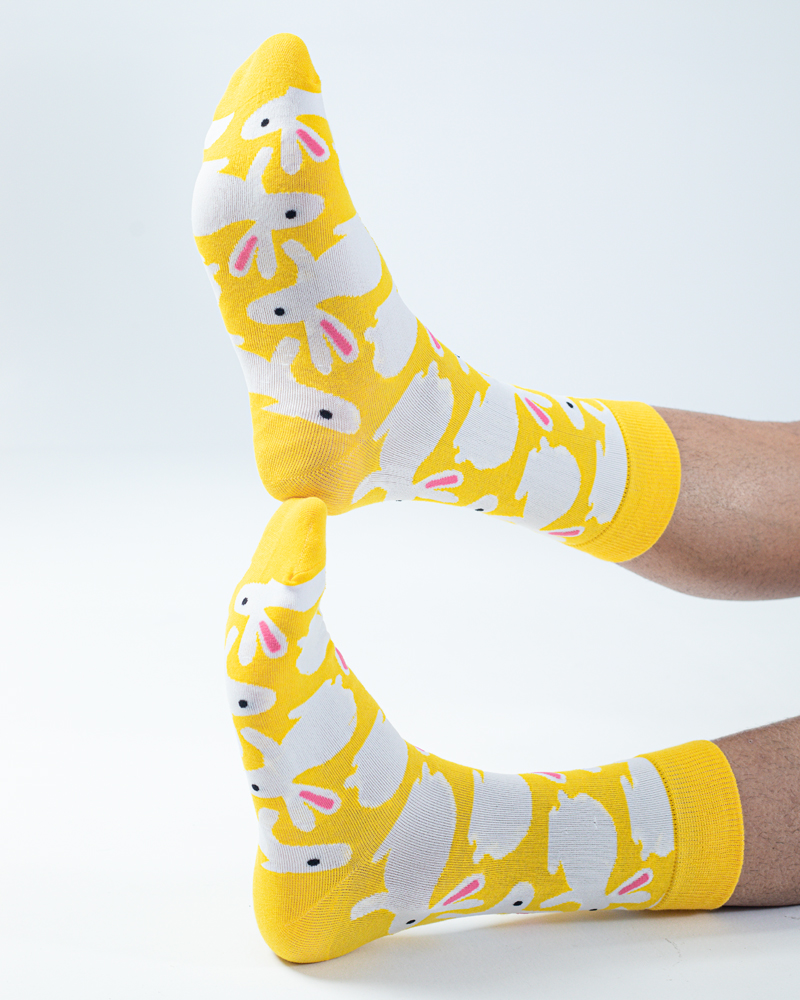White Bunny | Premium Funky Unisex Socks in Yellow & White - Image 4