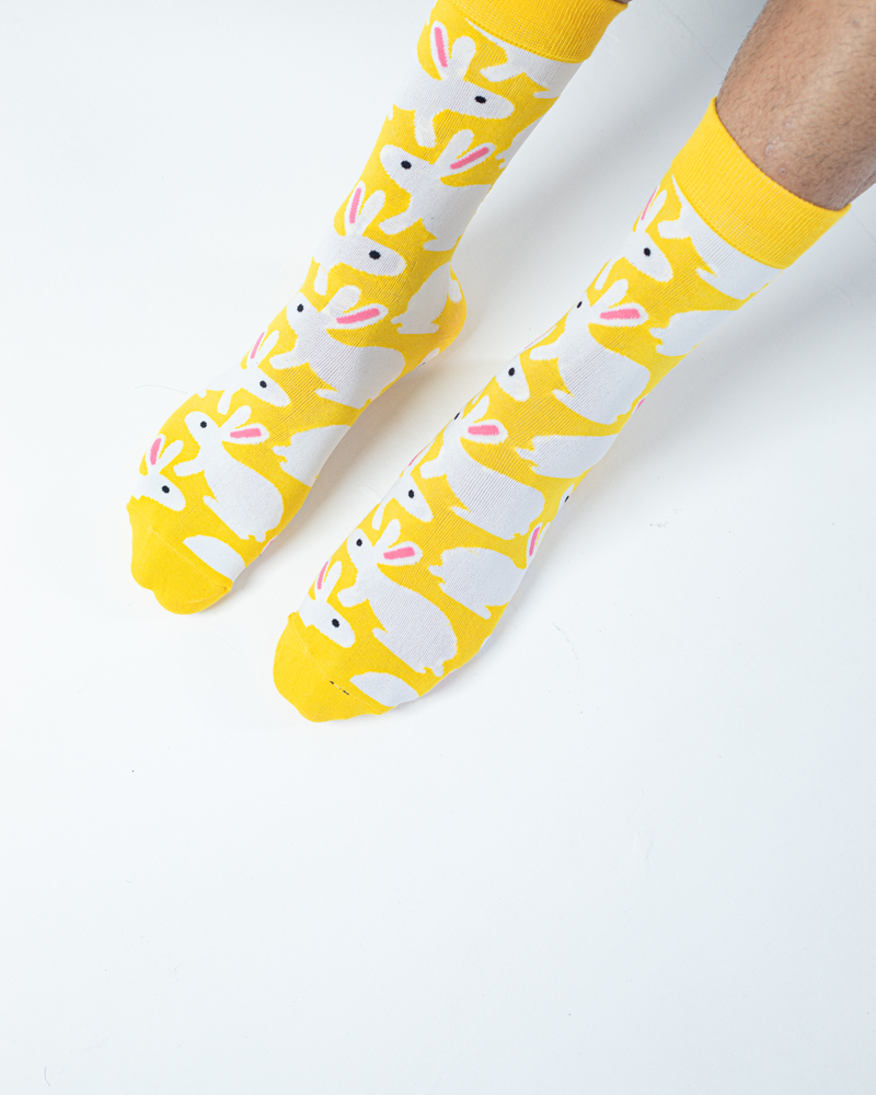White Bunny | Premium Funky Unisex Socks in Yellow & White - Image 3