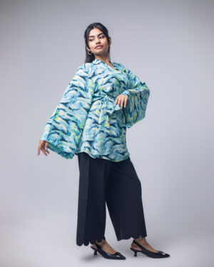 Women's Emerald Green Shrug and Wide-leg Pants 2 piece Set in Watercolor Print | Co-Ord Set
