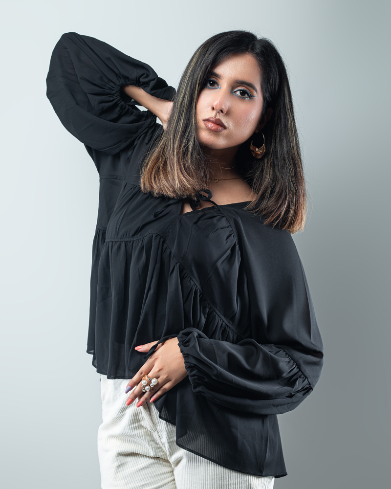 Women’s Georgette Pleated Flowy Top in Black - Image 6