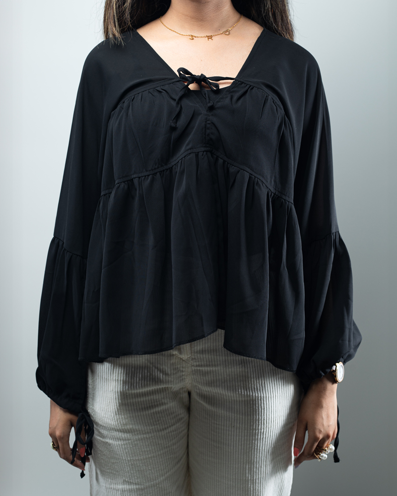 Women’s Georgette Pleated Flowy Top in Black - Image 2