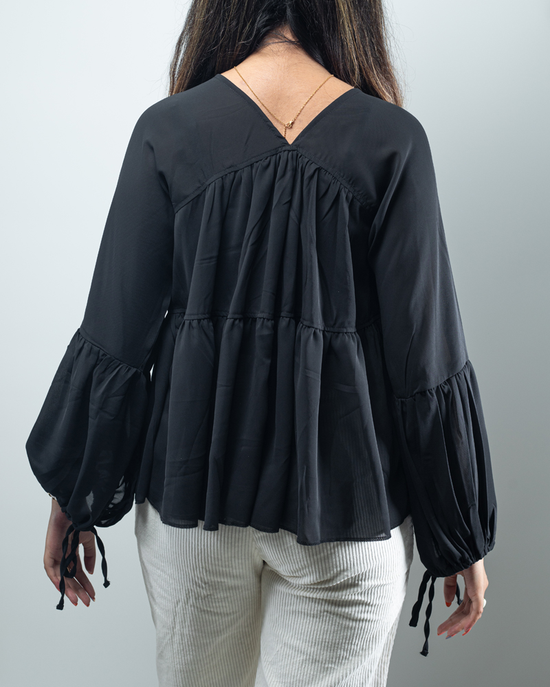 Women’s Georgette Pleated Flowy Top in Black - Image 3