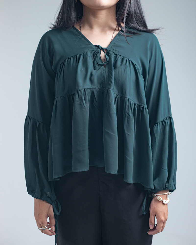 Women’s Georgette Pleated Flowy Top in Deep Green - Image 3
