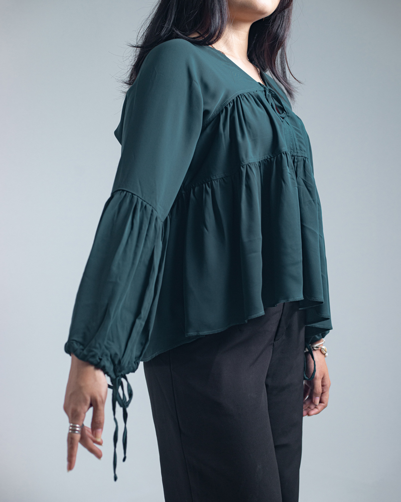 Women’s Georgette Pleated Flowy Top in Deep Green - Image 5