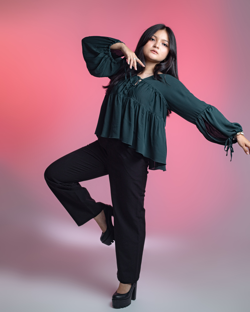 Women’s Georgette Pleated Flowy Top in Deep Green - Image 2