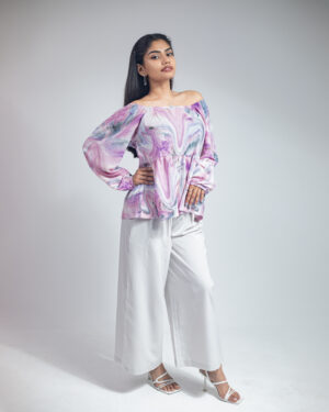 Women's Purple Square Neck Top and Wide-leg Pants 2 piece Set in Marble Print | Co-Ord Set