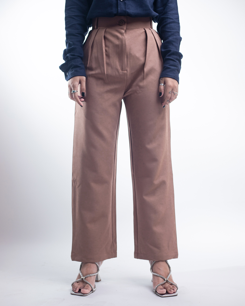 Women's Straight Fit Pleated Formal Pants in Brown - Image 3