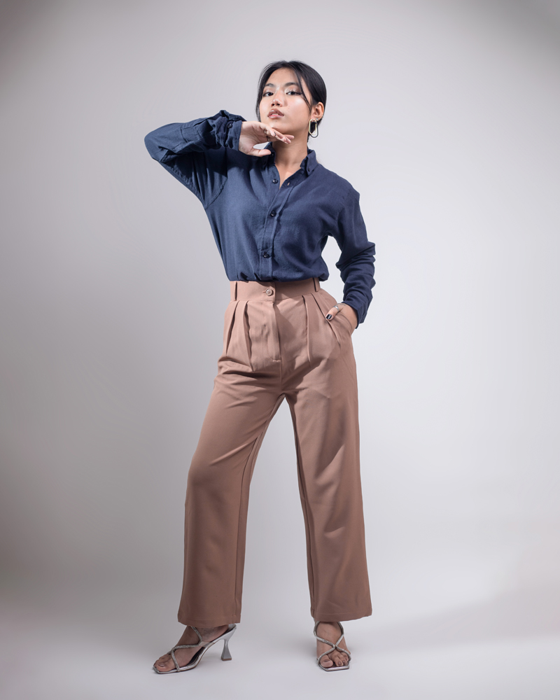 Women's Straight Fit Pleated Formal Pants in Brown