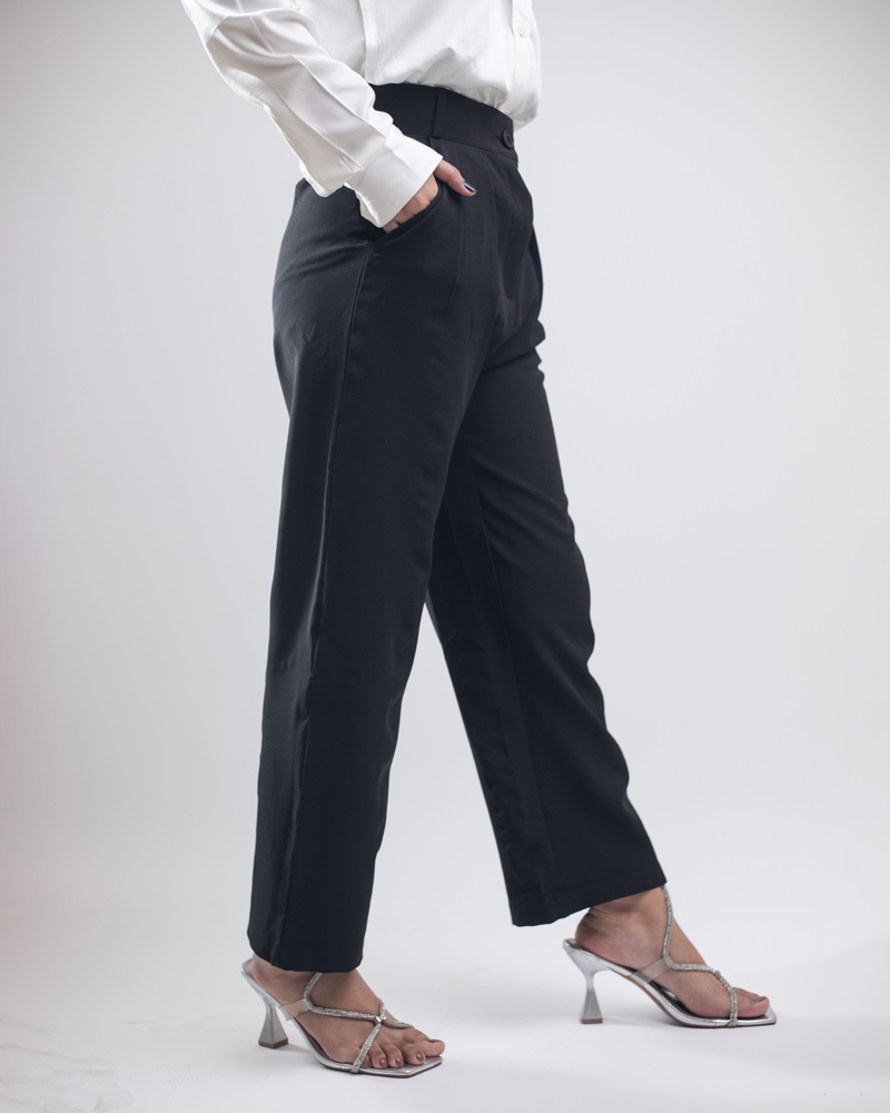 Women's Straight Fit Pleated Formal Pants in Deep Black - Image 4