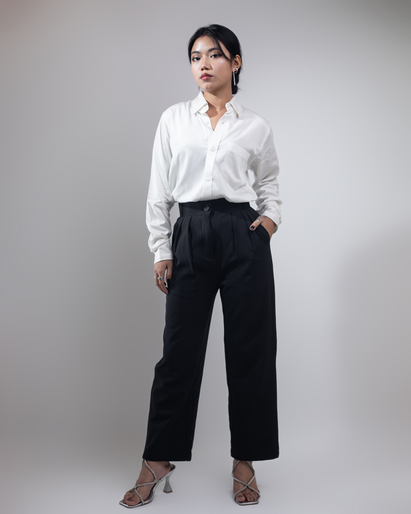 Women's Straight Fit Pleated Formal Pants in Deep Black