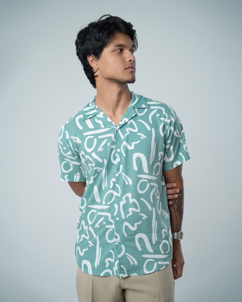 Abstract Printed Cuban Shirt in Mint Green - Image 3