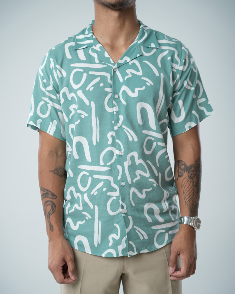 Abstract Printed Cuban Shirt in Mint Green - Image 4