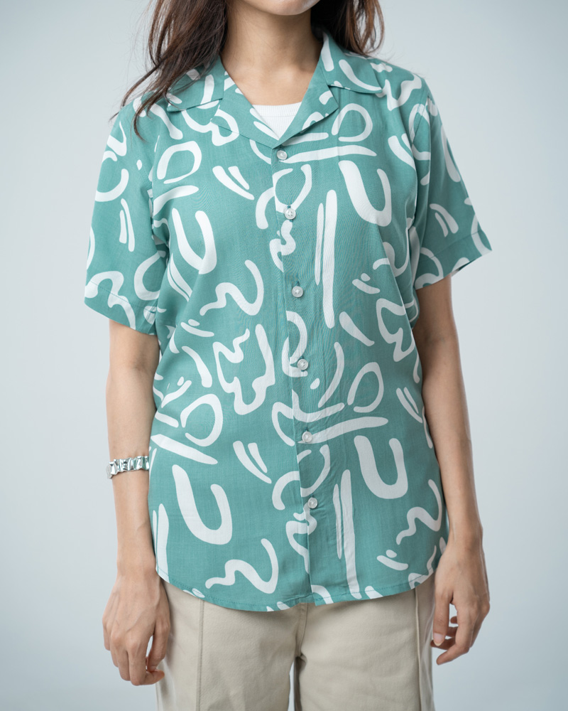 Abstract Printed Cuban Shirt in Mint Green - Image 8