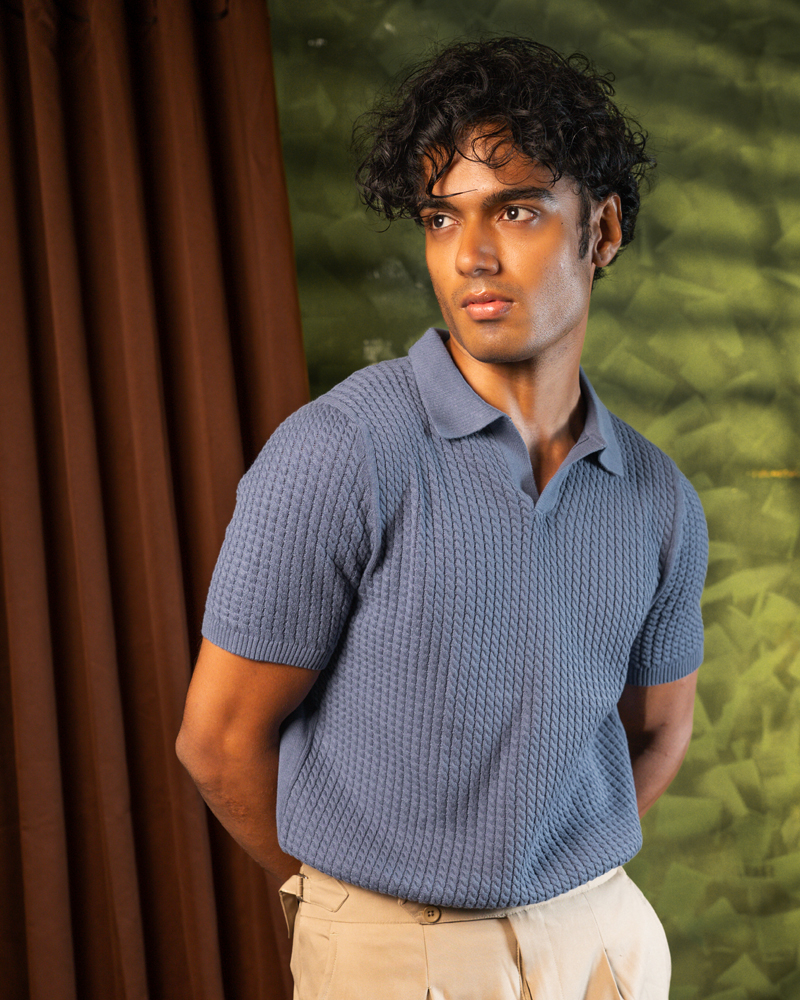 Braided Cable Knit Polo in Cornflower Blue - Image 3