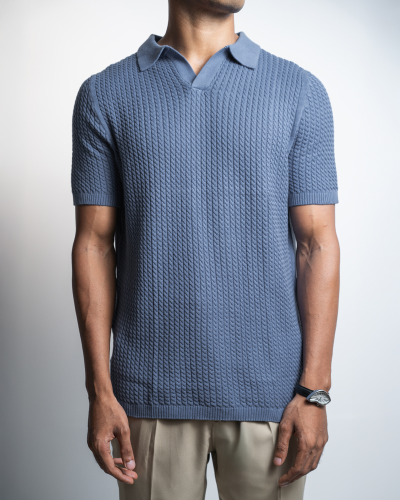 Braided Cable Knit Polo in Cornflower Blue - Image 4